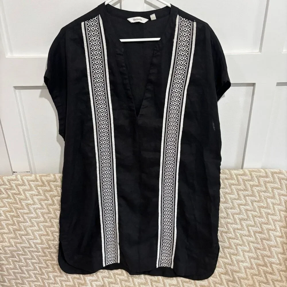 Athleta Women's Column Embroidery Luxe Kaftan Linen Swim Cover Up Black Medium
